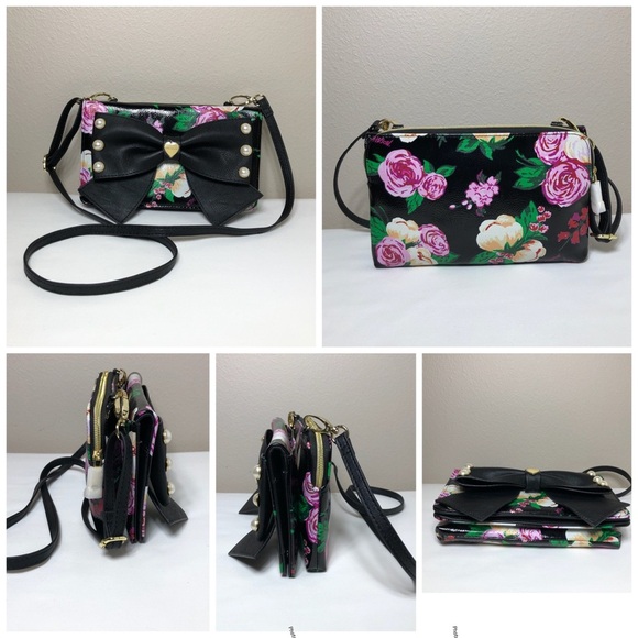 Betsey Johnson Faux Leather Romantic Floral Multi Pockets Crossbody Purse - Picture 15 of 16